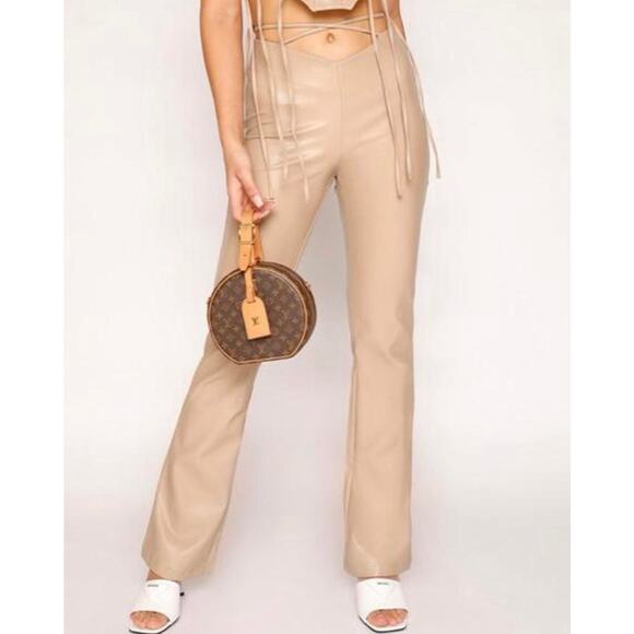IAMGIA Zoe Faux Leather V Front Pant Tan Beige Small - Picture 2 of 6